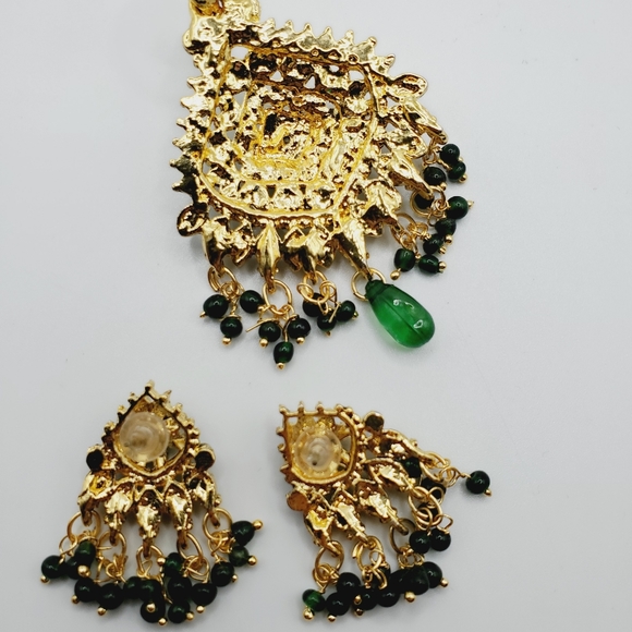 3 PC set Indian bohemian wedding kundan gold emerald jadau earrings necklace set - Picture 15 of 16